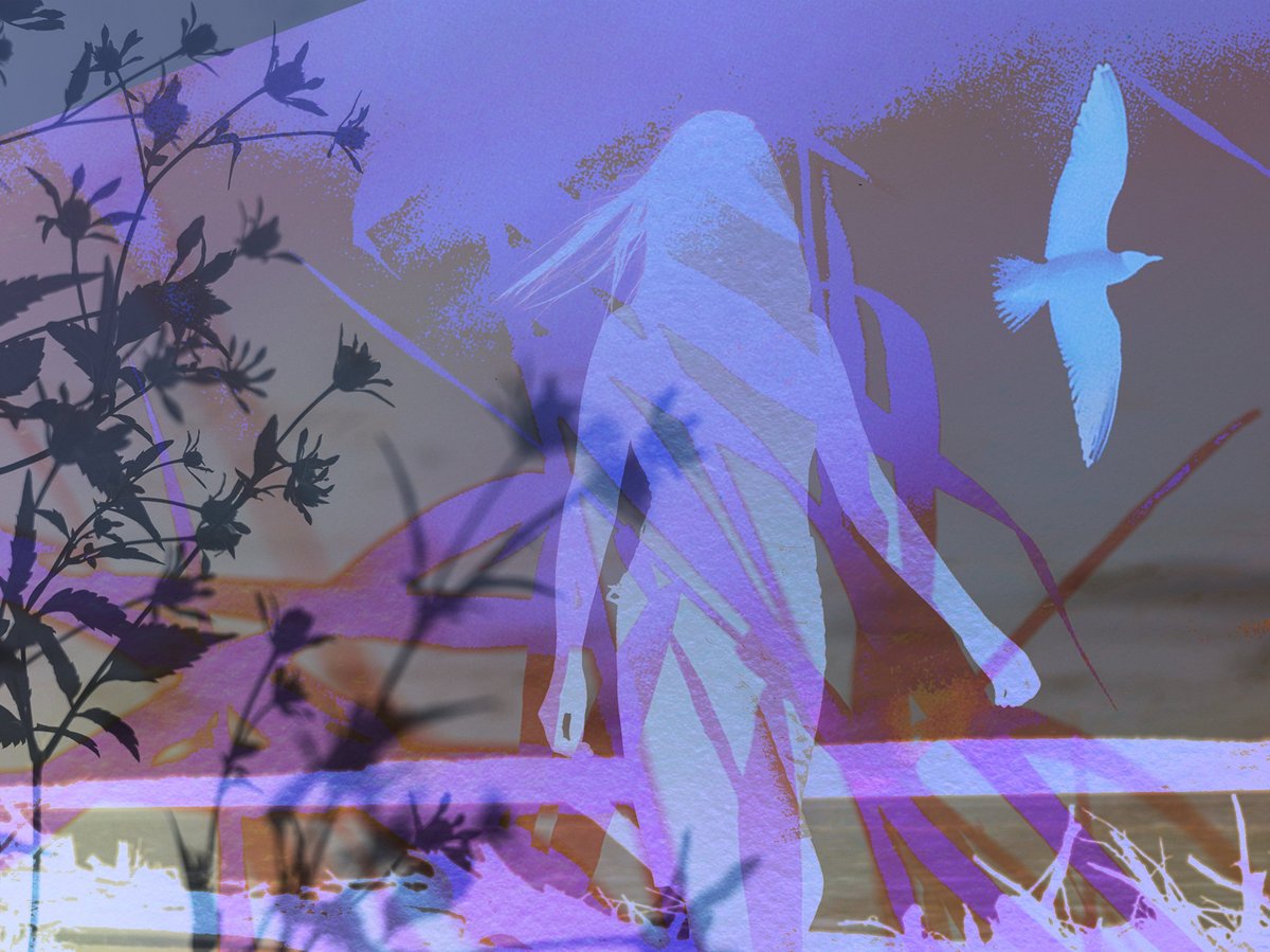 Abstract depiction of a woman, bird, and nature in muted colors. A serene abstract composition features a woman's silhouette, a flying bird, floral elements, blended with a soft, muted color palette.